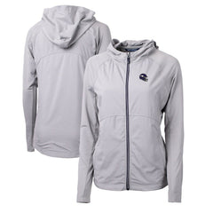 Minnesota Vikings Cutter & Buck Women's Helmet Logo Adapt Eco Knit Hybrid Recycled Full-Zip Hoodie Heather Gray