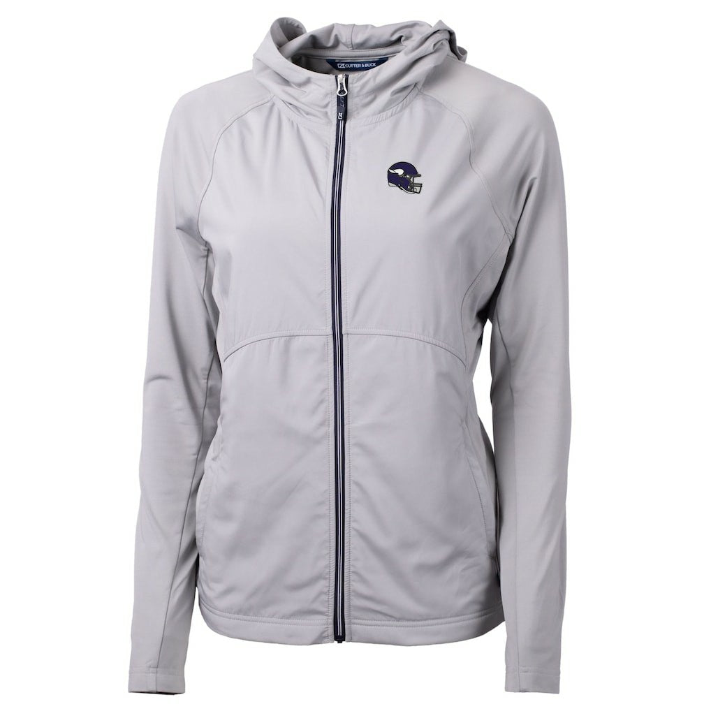 Minnesota Vikings Cutter & Buck Women's Helmet Logo Adapt Eco Knit Hybrid Recycled Full-Zip Hoodie Heather Gray