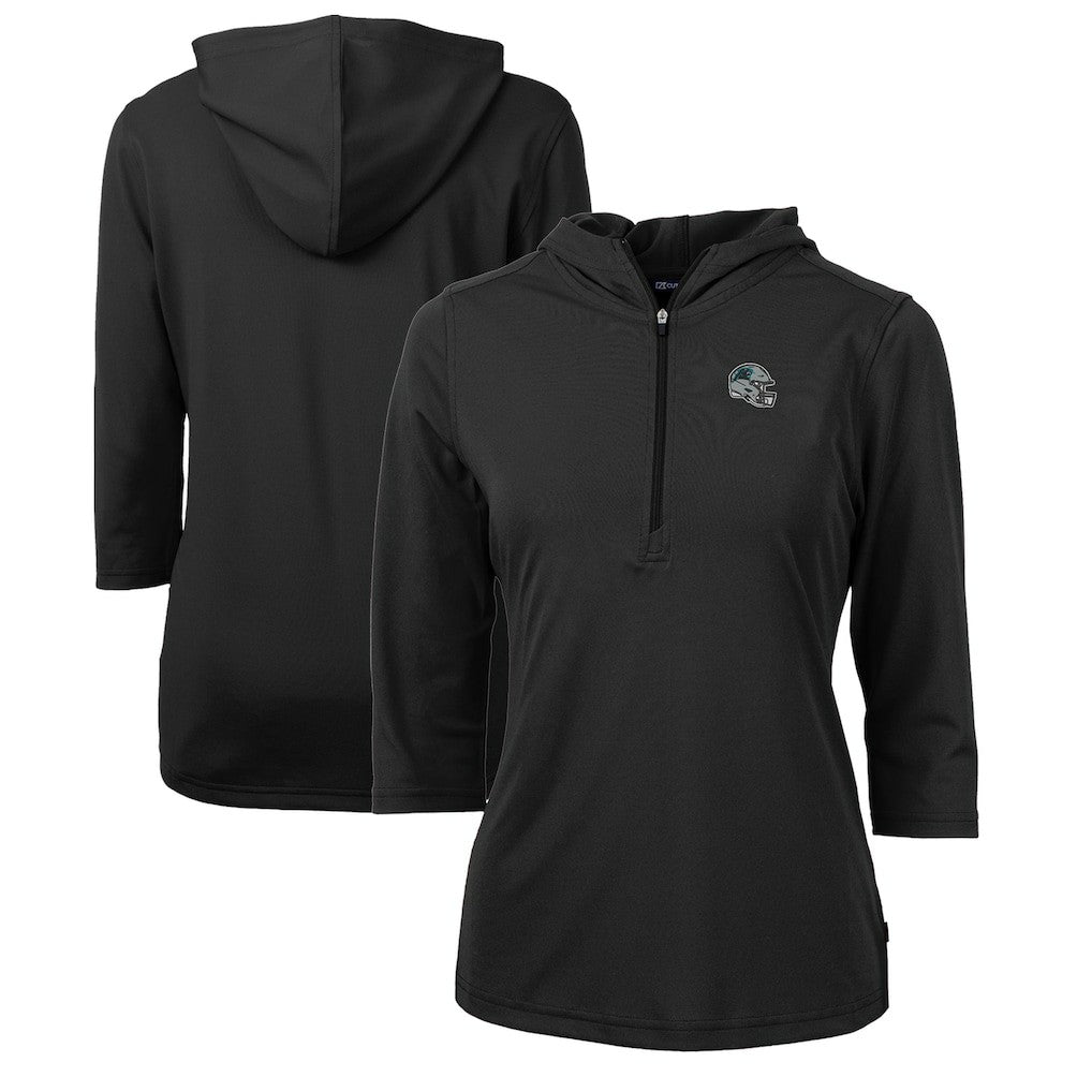 Carolina Panthers Cutter & Buck Women's Helmet Logo DryTec Virtue Eco Pique Recycled 3/4-Sleeve Half-Zip Pullover Hoodie Black