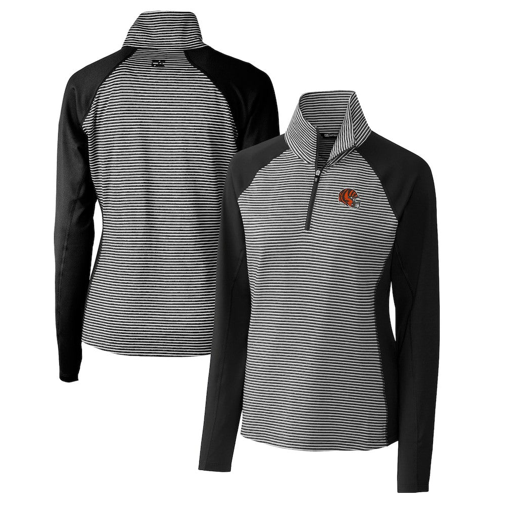 Cincinnati Bengals Cutter & Buck Women's Helmet Logo DryTec Forge Tonal Stripe Stretch Half-Zip Top Black
