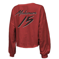 Patrick Mahomes Kansas City Chiefs Majestic Threads Women's Name & Number Off-Shoulder Script Cropped Long Sleeve Relaxed V-Neck T-Shirt Red
