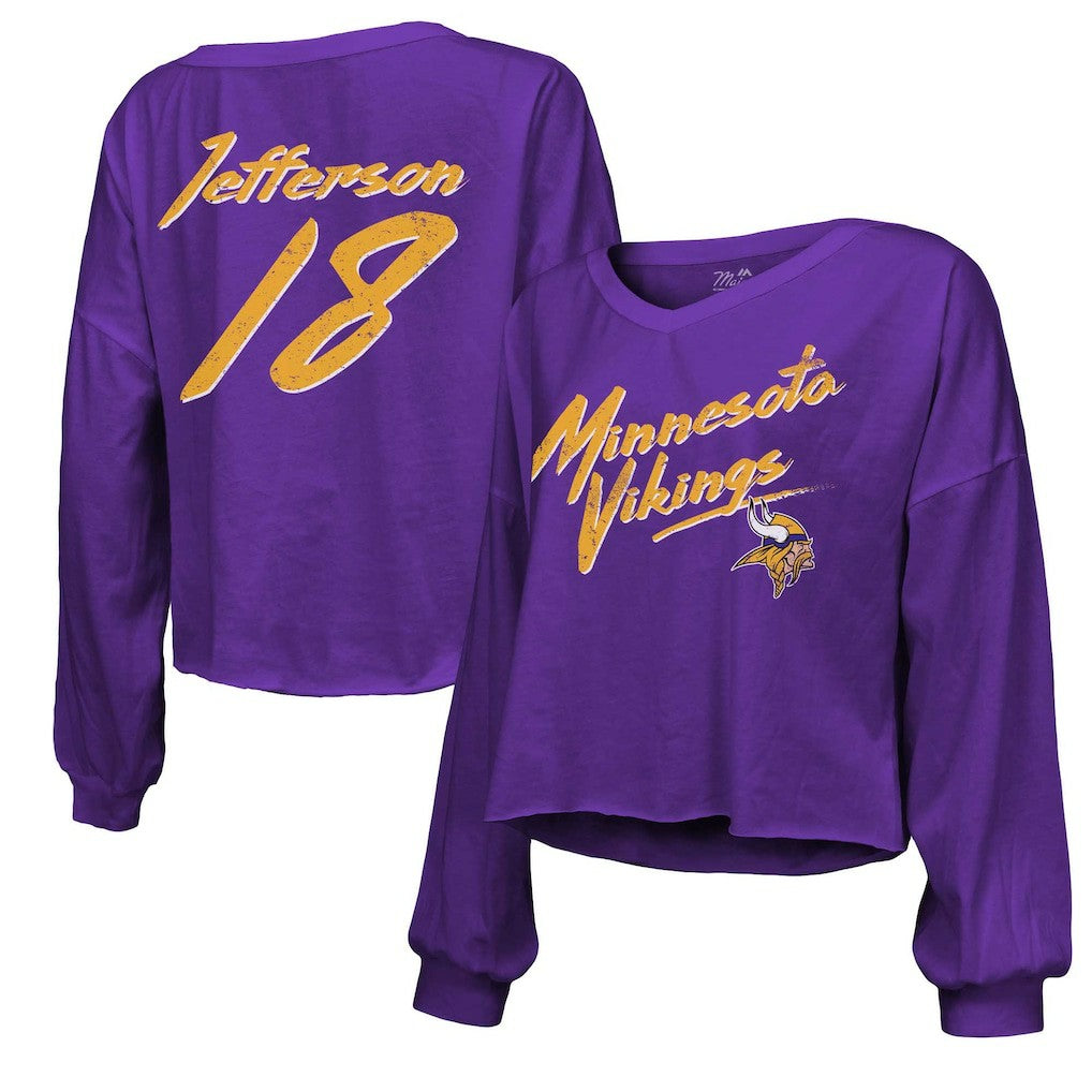 Justin Jefferson Minnesota Vikings Majestic Threads Women's Name & Number Off-Shoulder Script Cropped Long Sleeve V-Neck T-Shirt Purple