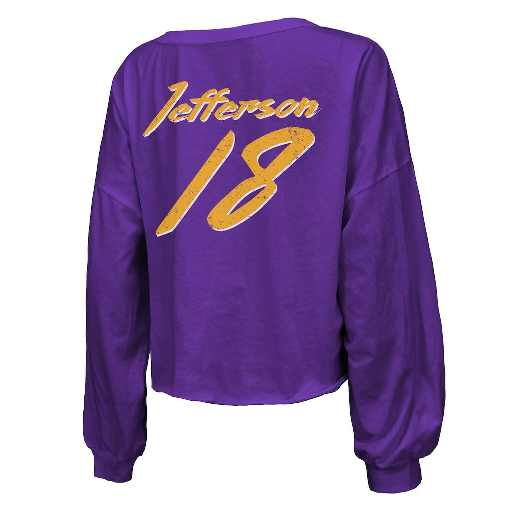 Justin Jefferson Minnesota Vikings Majestic Threads Women's Name & Number Off-Shoulder Script Cropped Long Sleeve V-Neck T-Shirt Purple