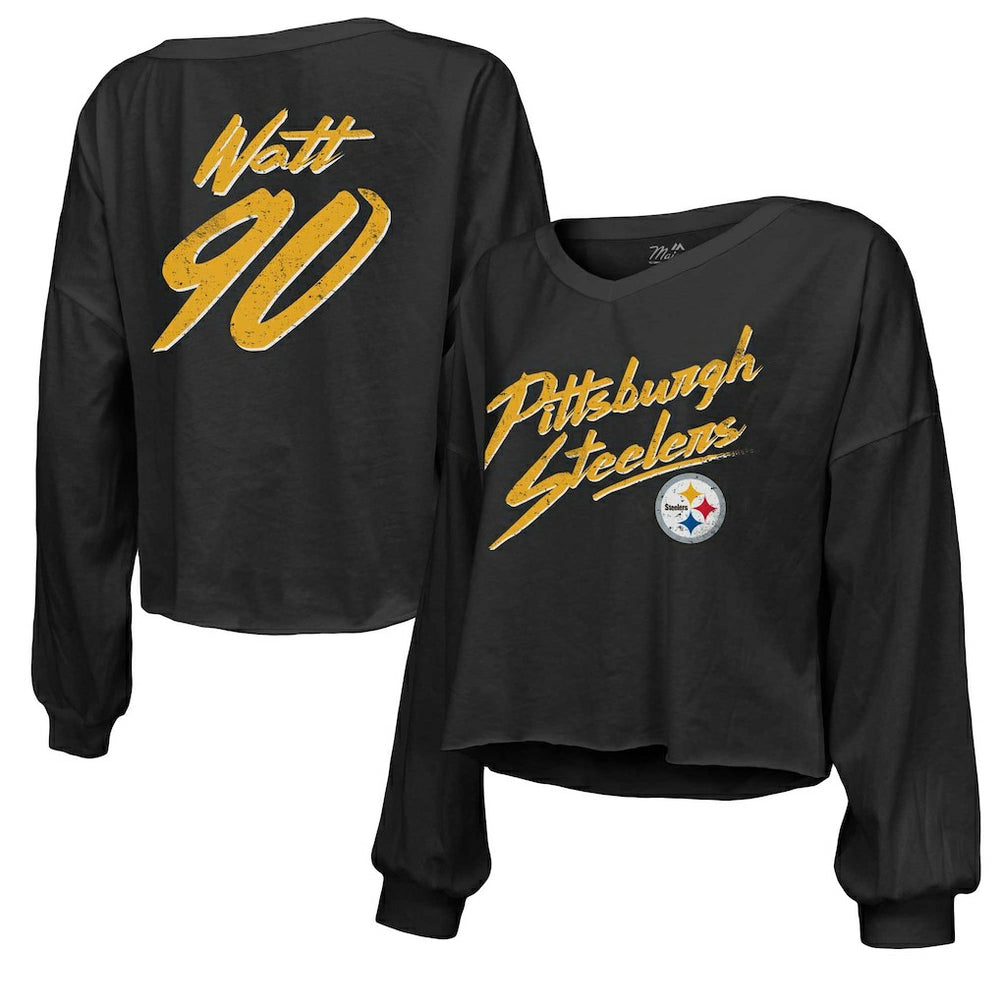 T.J. Watt Pittsburgh Steelers Majestic Threads Women's Name & Number Off-Shoulder Script Cropped Long Sleeve Relaxed V-Neck T-Shirt Black