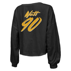 T.J. Watt Pittsburgh Steelers Majestic Threads Women's Name & Number Off-Shoulder Script Cropped Long Sleeve Relaxed V-Neck T-Shirt Black