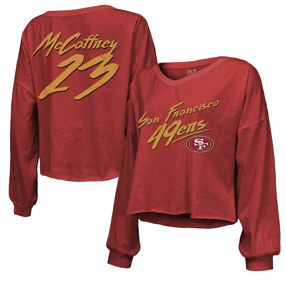 Christian McCaffrey San Francisco 49ers Majestic Threads Women's Name & Number Off-Shoulder Script Cropped Long Sleeve V-Neck T-Shirt Scarlet