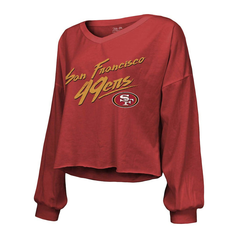 Christian McCaffrey San Francisco 49ers Majestic Threads Women's Name & Number Off-Shoulder Script Cropped Long Sleeve V-Neck T-Shirt Scarlet