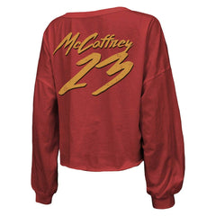 Christian McCaffrey San Francisco 49ers Majestic Threads Women's Name & Number Off-Shoulder Script Cropped Long Sleeve V-Neck T-Shirt Scarlet
