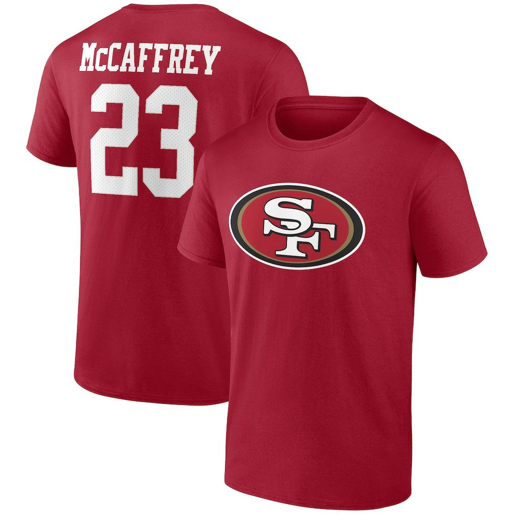 Christian McCaffrey San Francisco 49ers Player Icon Name & Number T-Shirt Scarlet