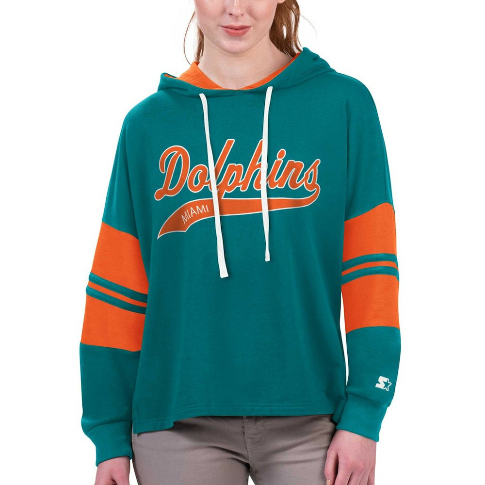 Miami Dolphins Starter Women's Bump And Run Long Sleeve Hoodie T-Shirt Aqua