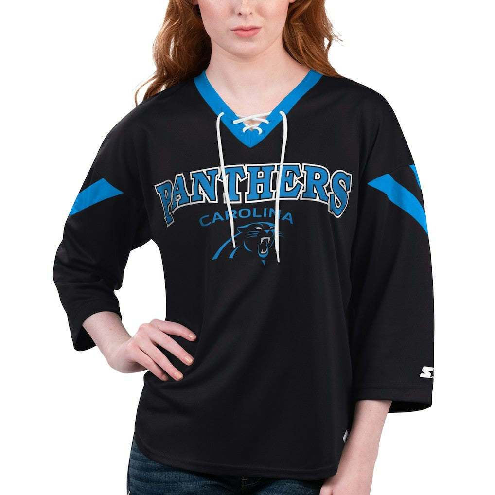 Carolina Panthers Starter Women's Rally Lace-Up 3/4 Sleeve T-Shirt Black