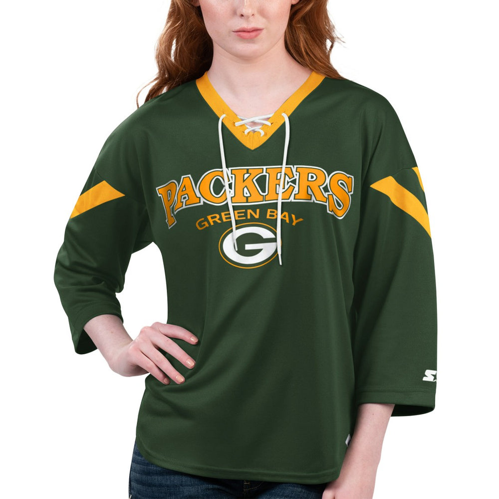 Green Bay Packers Starter Women's Rally Lace-Up 3/4 Sleeve T-Shirt Green