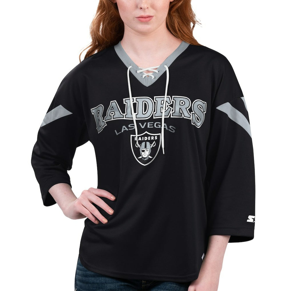 Las Vegas Raiders Starter Women's Rally Lace-Up 3/4 Sleeve T-Shirt Black