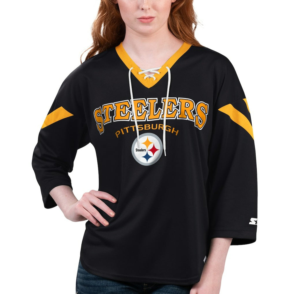 Pittsburgh Steelers Starter Women's Rally Lace-Up 3/4 Sleeve T-Shirt Black