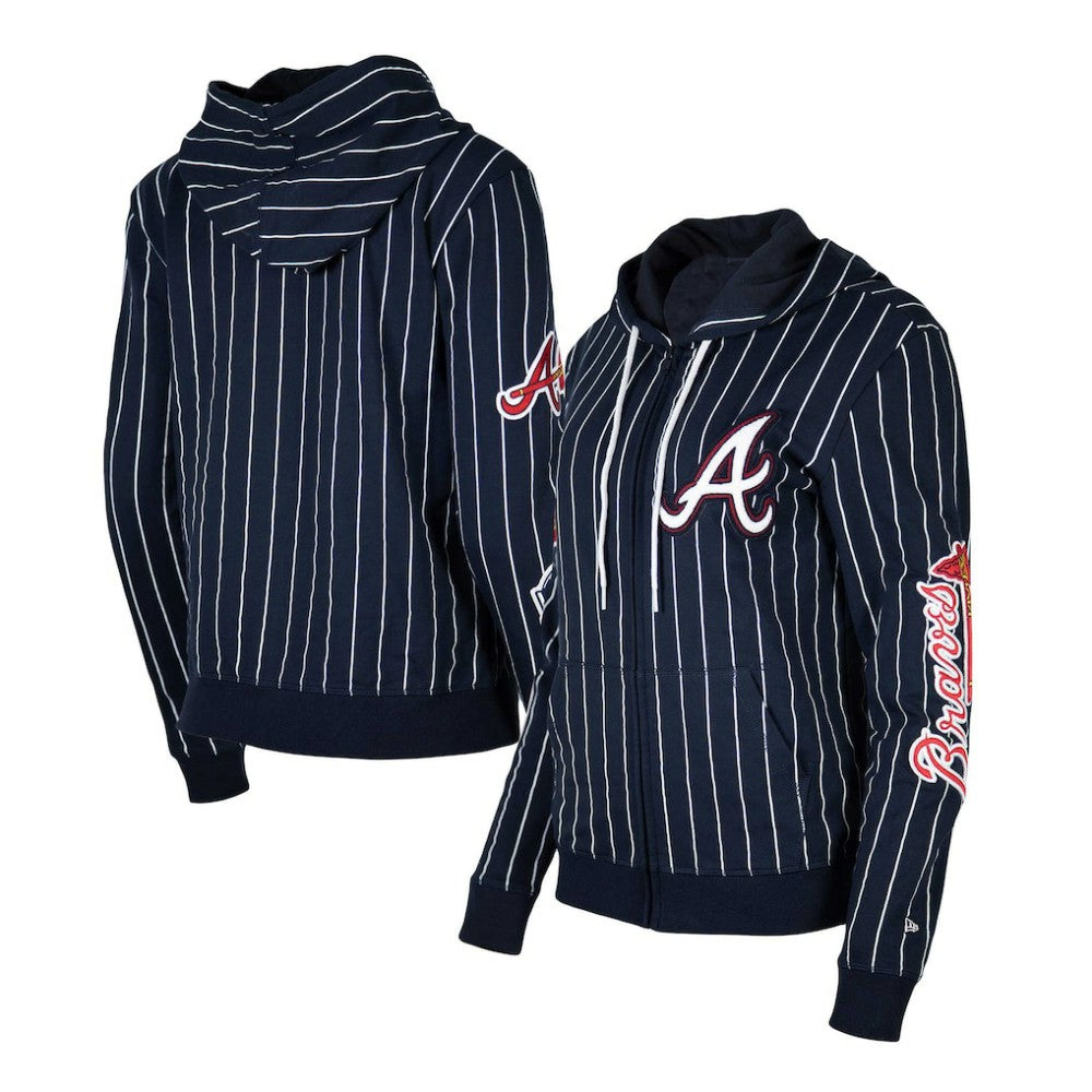 Atlanta Braves New Era Women's Pinstripe Tri-Blend Full-Zip Hoodie Jacket - Navy Jackets