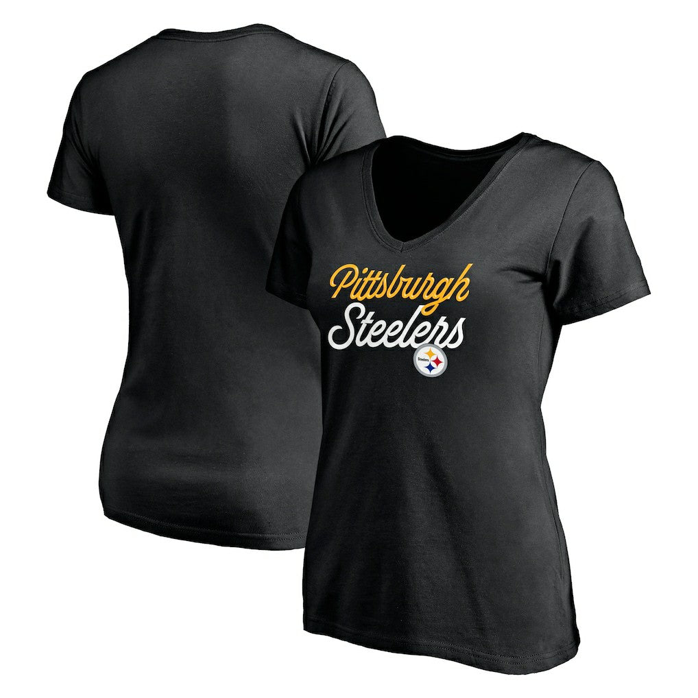 Pittsburgh Steelers Women's Long Stride V-Neck T-Shirt Black
