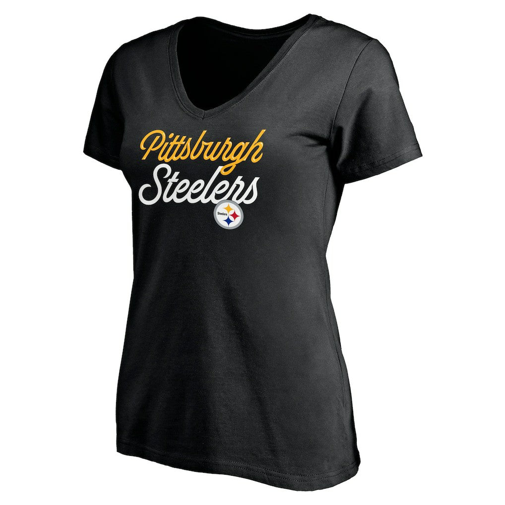 Pittsburgh Steelers Women's Long Stride V-Neck T-Shirt Black
