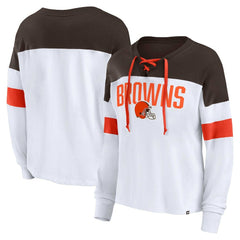 Cleveland Browns Women's Plus Size Even Match Lace-Up Long Sleeve V-Neck Top White/Brown