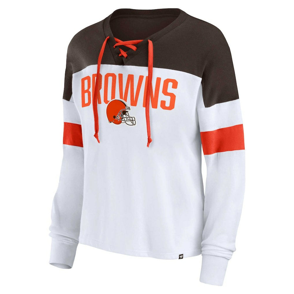 Cleveland Browns Women's Plus Size Even Match Lace-Up Long Sleeve V-Neck Top White/Brown