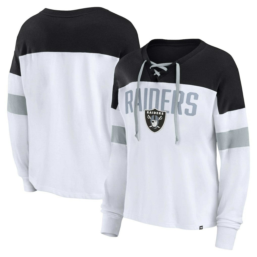 Las Vegas Raiders Women's Plus Size Even Match Lace-Up Long Sleeve V-Neck Top White/Black