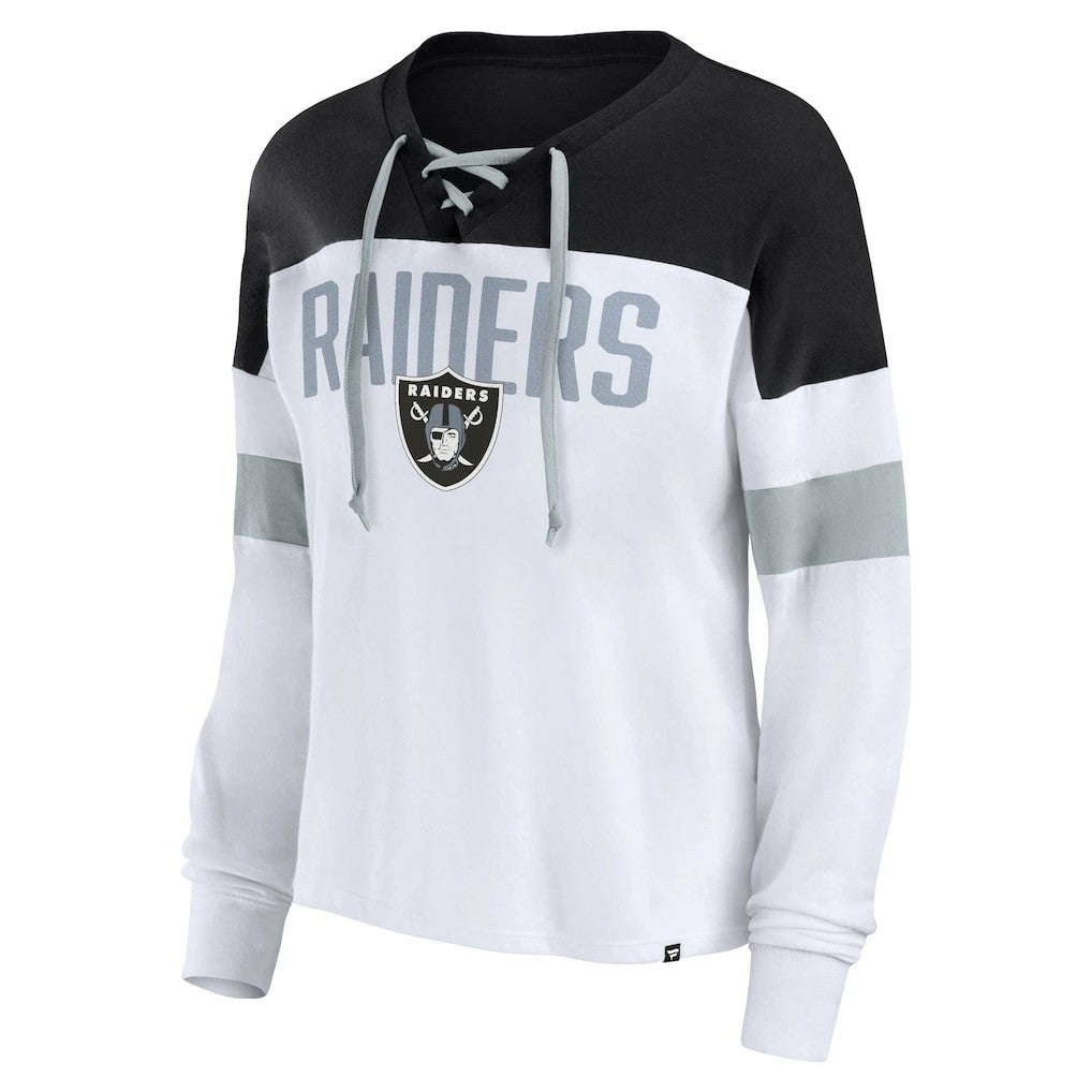 Las Vegas Raiders Women's Plus Size Even Match Lace-Up Long Sleeve V-Neck Top White/Black