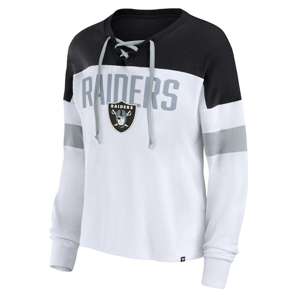 Las Vegas Raiders Women's Plus Size Even Match Lace-Up Long Sleeve V-Neck Top White/Black