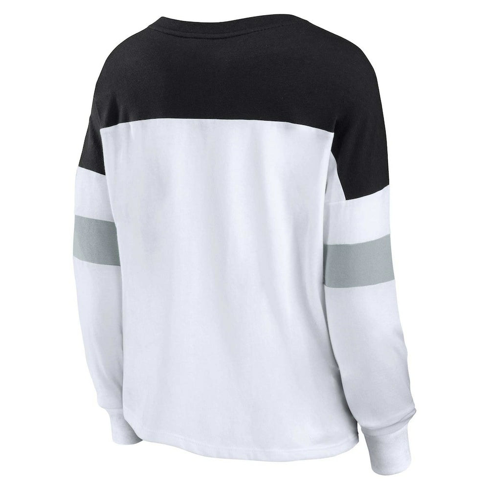 Las Vegas Raiders Women's Plus Size Even Match Lace-Up Long Sleeve V-Neck Top White/Black