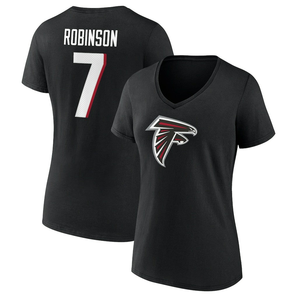 Bijan Robinson Atlanta Falcons Women's Icon Name & Number V-Neck T-Shirt Black