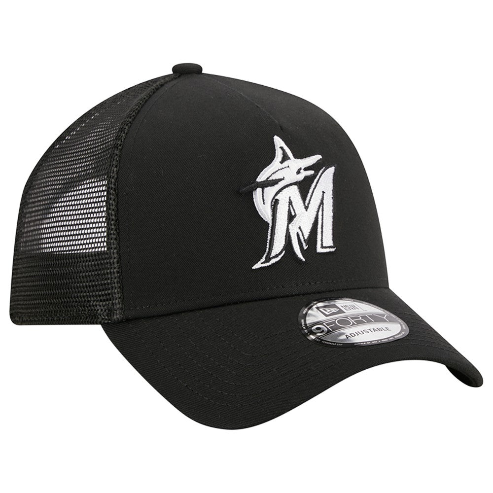 Miami Marlins New Era A-Frame 9FORTY Trucker Adjustable Hat - Black Hats