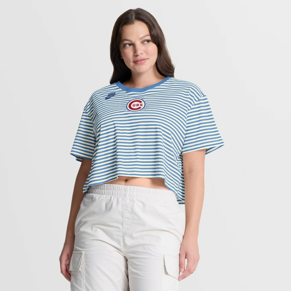 Chicago Cubs Nike Women's Cooperstown Collection Striped Cropped T-Shirt - Light Blue/Cream T-shirts