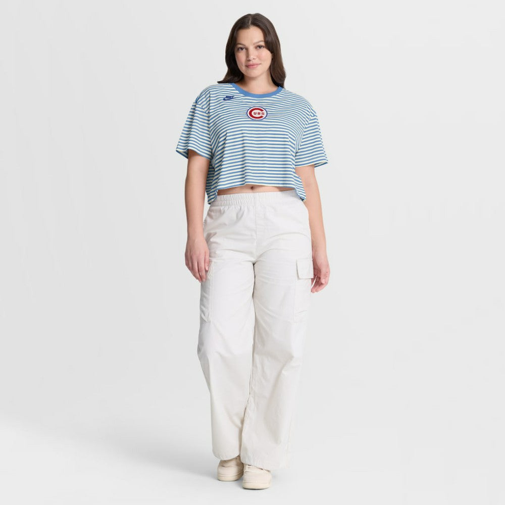 Chicago Cubs Nike Women's Cooperstown Collection Striped Cropped T-Shirt - Light Blue/Cream T-shirts