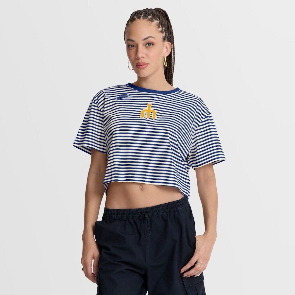 Seattle Mariners Nike Women's Cooperstown Collection Striped Cropped T-Shirt - Royal/Cream T-shirts