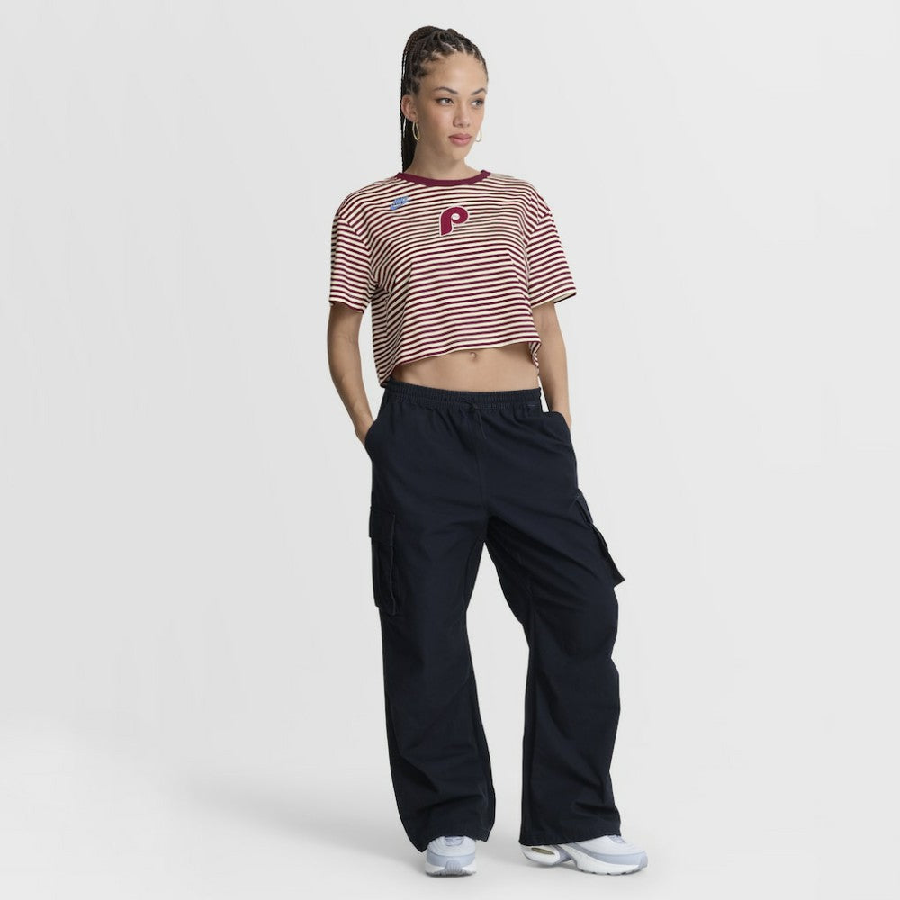 Philadelphia Phillies Nike Women's Cooperstown Collection Striped Cropped T-Shirt - Burgundy/Cream T-shirts