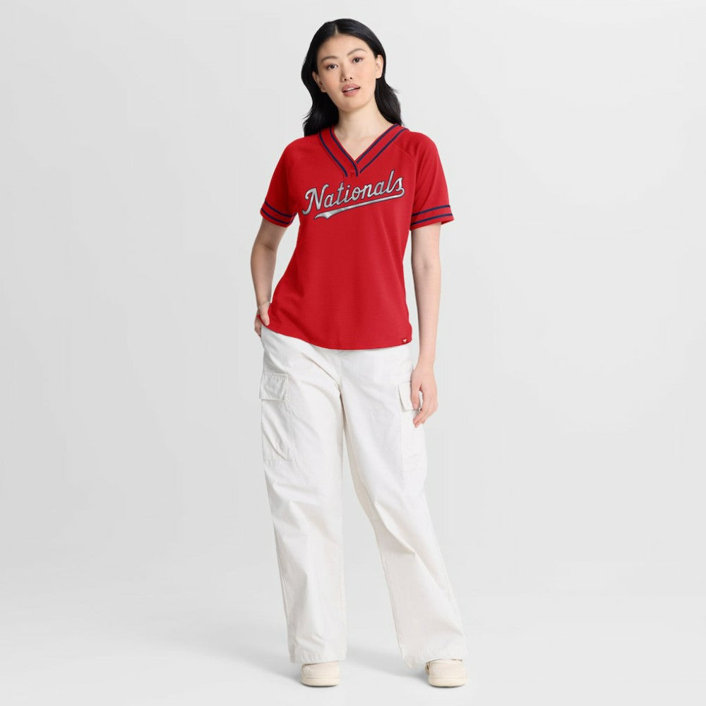 Washington Nationals Fanatics Women's Diva Race Ahead Raglan V-Neck T-Shirt - Red T-shirts