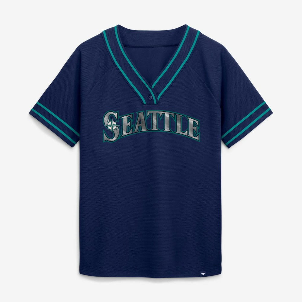 Seattle Mariners Fanatics Women's Diva Race Ahead Raglan V-Neck T-Shirt - Navy T-shirts