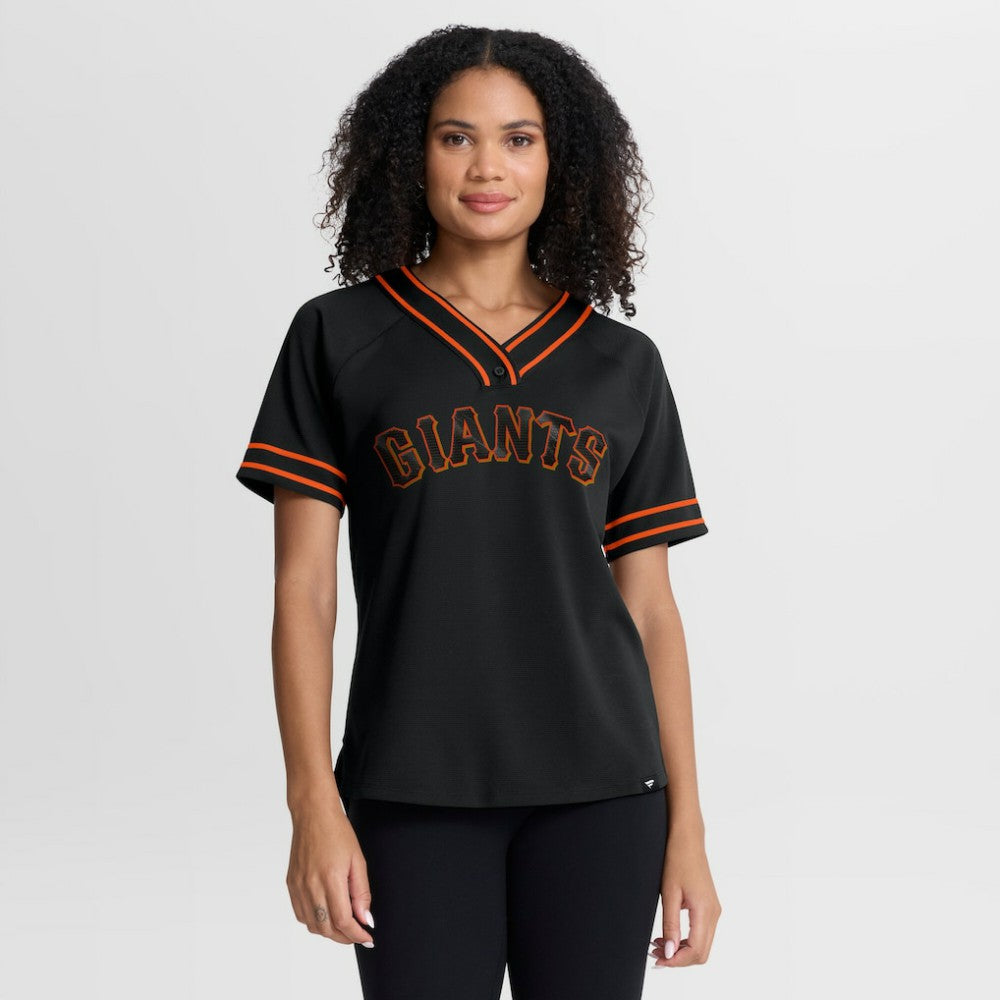 San Francisco Giants Fanatics Women's Diva Race Ahead Raglan V-Neck T-Shirt - Black T-shirts