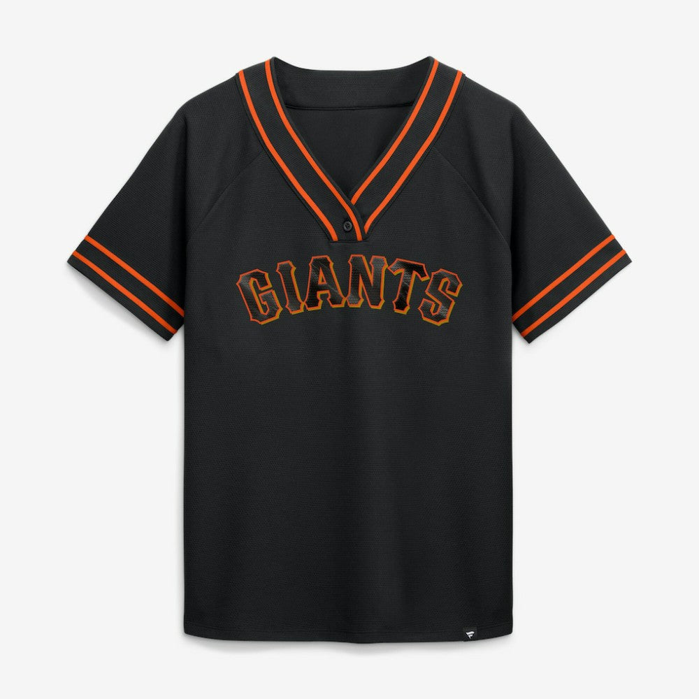 San Francisco Giants Fanatics Women's Diva Race Ahead Raglan V-Neck T-Shirt - Black T-shirts