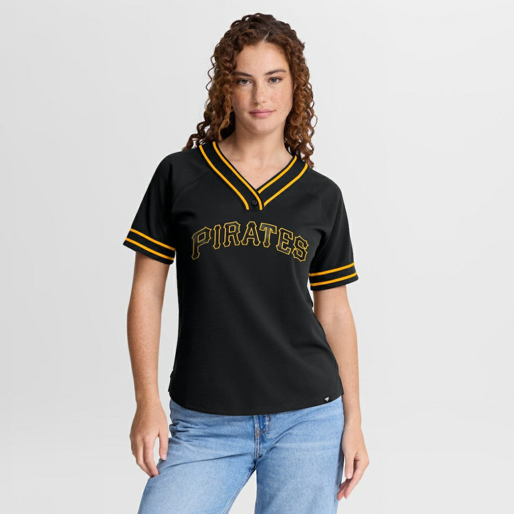 Pittsburgh Pirates Fanatics Women's Diva Race Ahead Raglan V-Neck T-Shirt - Black T-shirts