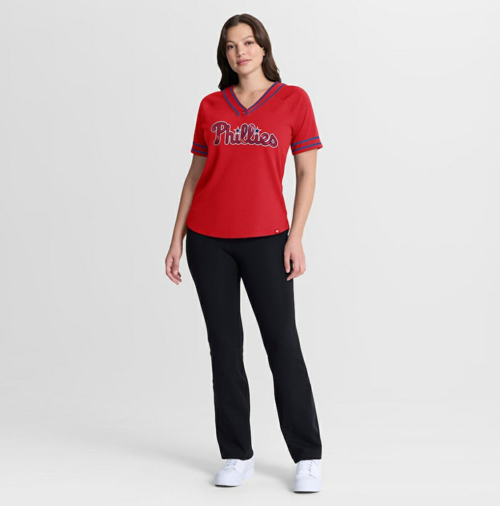 Philadelphia Phillies Fanatics Women's Diva Race Ahead Raglan V-Neck T-Shirt - Red T-shirts