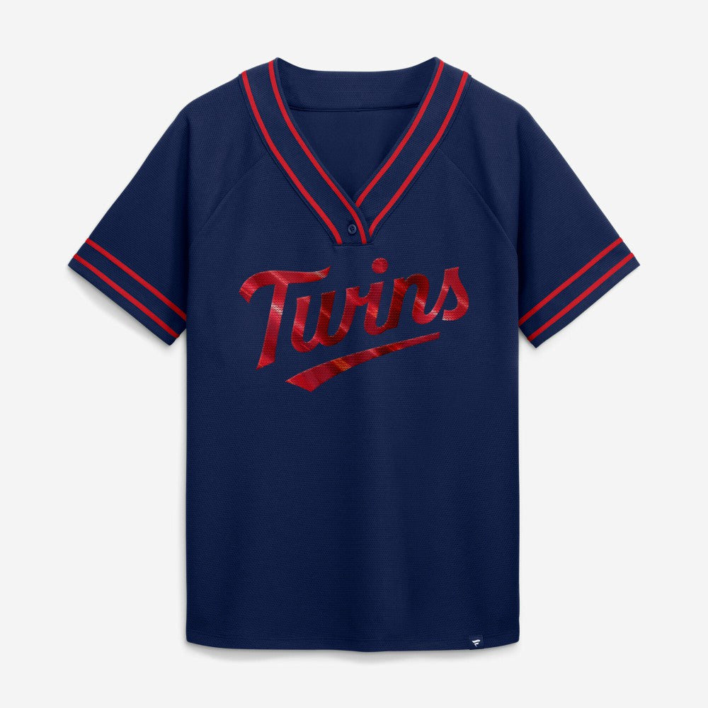 Minnesota Twins Fanatics Women's Diva Race Ahead Raglan V-Neck T-Shirt - Navy T-shirts