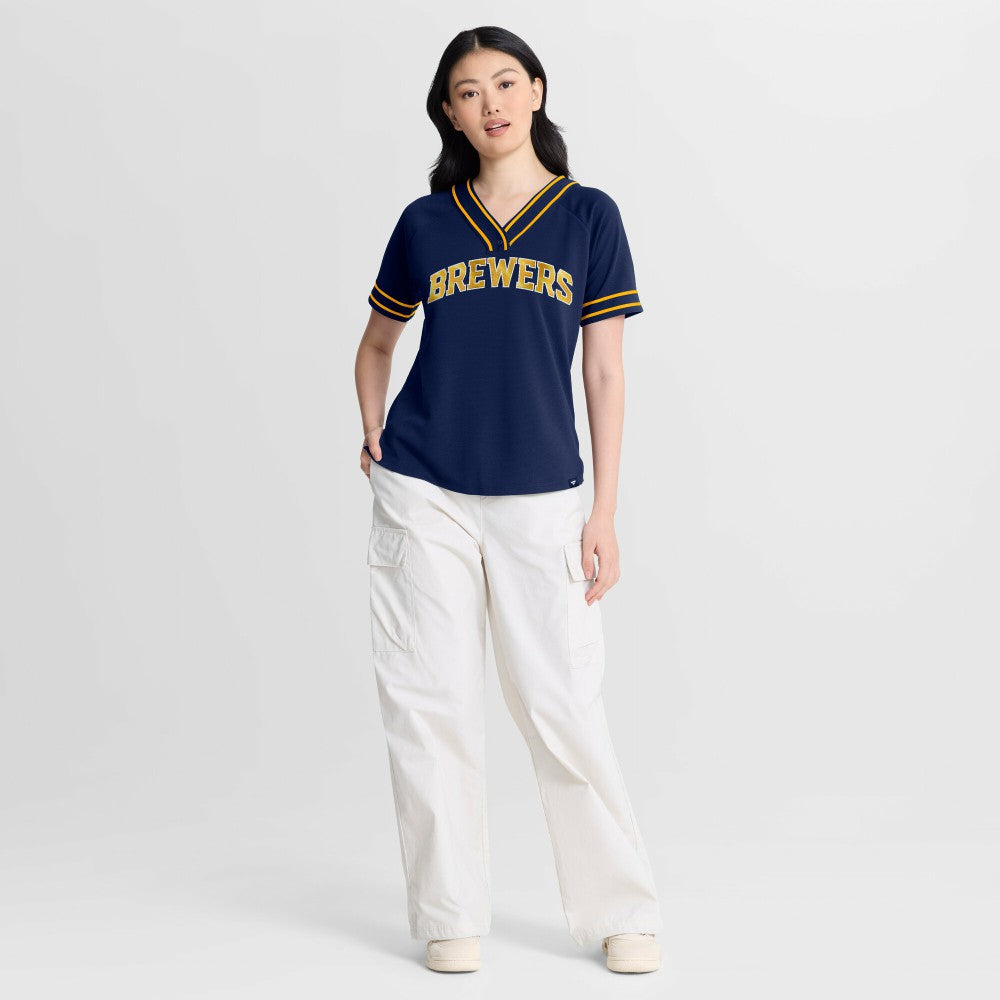 Milwaukee Brewers Fanatics Women's Diva Race Ahead Raglan V-Neck T-Shirt - Navy T-shirts