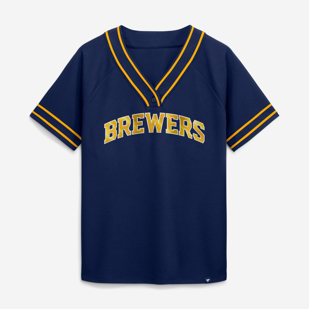Milwaukee Brewers Fanatics Women's Diva Race Ahead Raglan V-Neck T-Shirt - Navy T-shirts