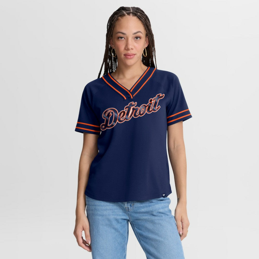 Detroit Tigers Fanatics Women's Diva Race Ahead Raglan V-Neck T-Shirt - Navy T-shirts