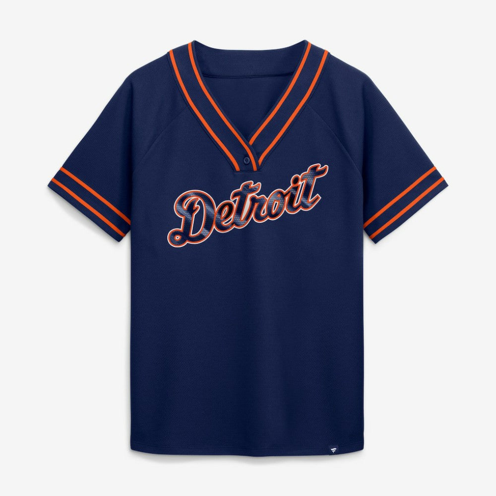 Detroit Tigers Fanatics Women's Diva Race Ahead Raglan V-Neck T-Shirt - Navy T-shirts