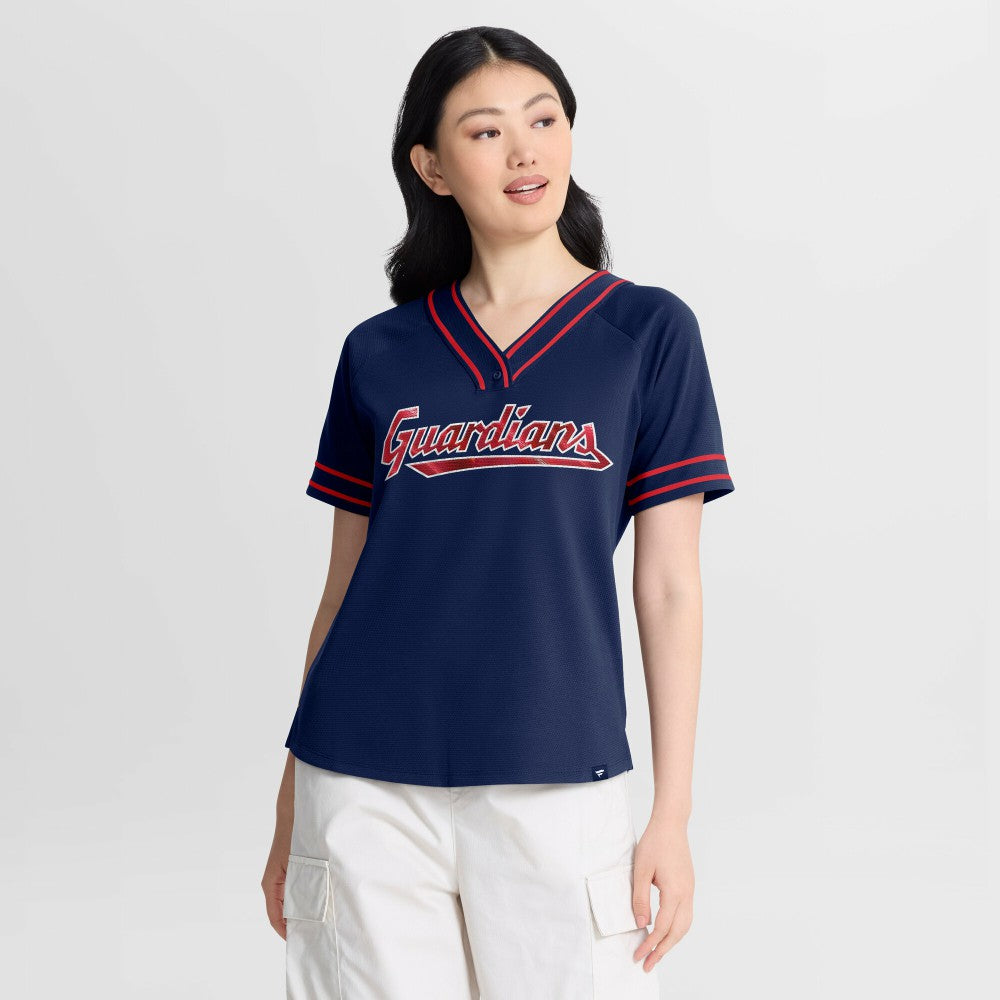 Cleveland Guardians Fanatics Women's Diva Race Ahead Raglan V-Neck T-Shirt - Navy T-shirts