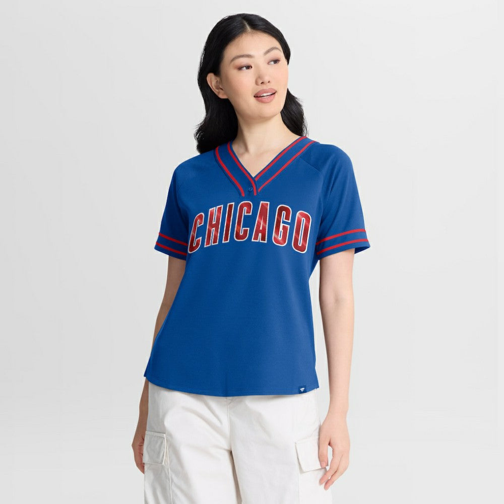 Chicago Cubs Fanatics Women's Diva Race Ahead Raglan V-Neck T-Shirt - Royal T-shirts