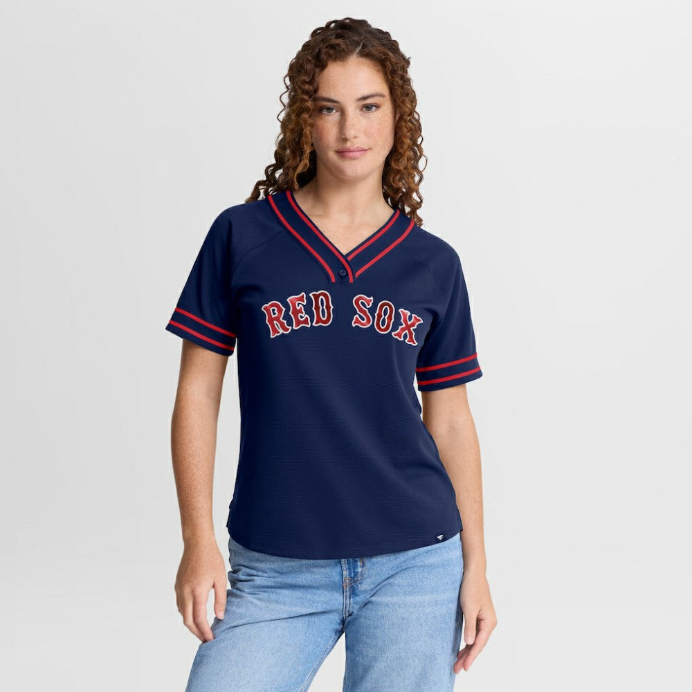 Boston Red Sox Fanatics Women's Diva Race Ahead Raglan V-Neck T-Shirt - Navy T-shirts