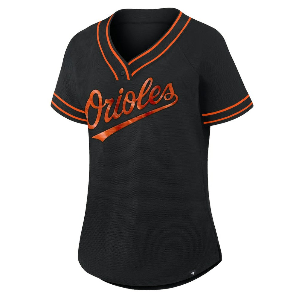 Baltimore Orioles Fanatics Women's Diva Race Ahead Raglan V-Neck T-Shirt - Black T-shirts