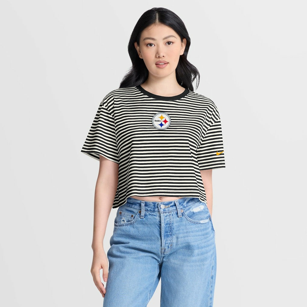Pittsburgh Steelers Women's Striped Cropped T-Shirt Black/Cream