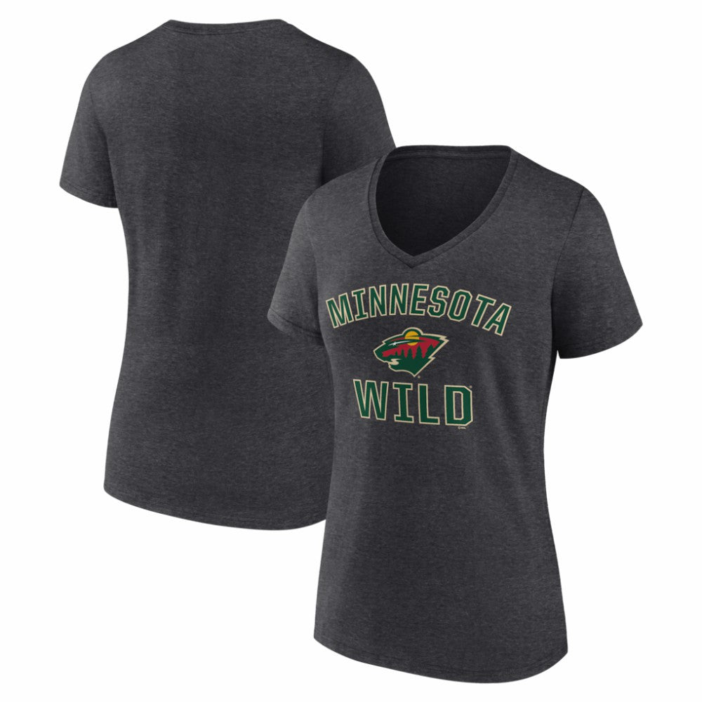 NHL Minnesota Wild Logo Athletic Women's Arch Victory V-Neck T-Shirt - Heather Charcoal